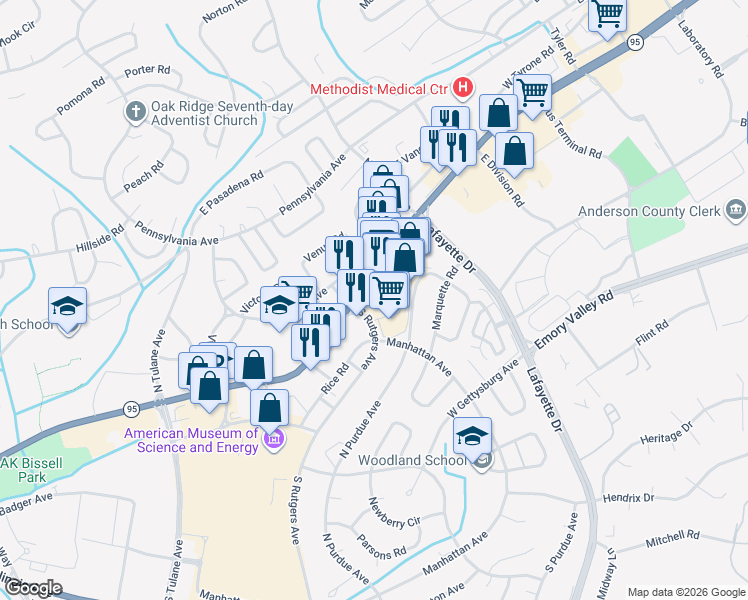 map of restaurants, bars, coffee shops, grocery stores, and more near 1199 Oak Ridge Turnpike in Oak Ridge