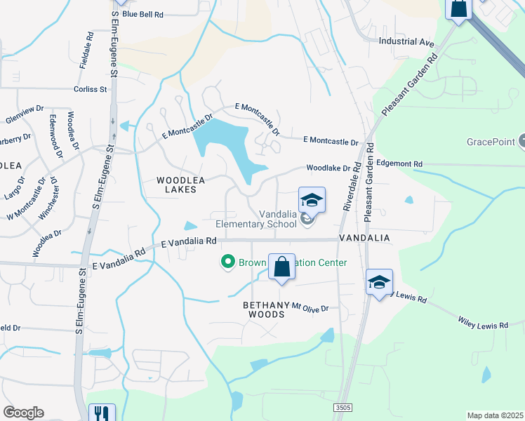 map of restaurants, bars, coffee shops, grocery stores, and more near 3006 Woodbluff Drive in Greensboro