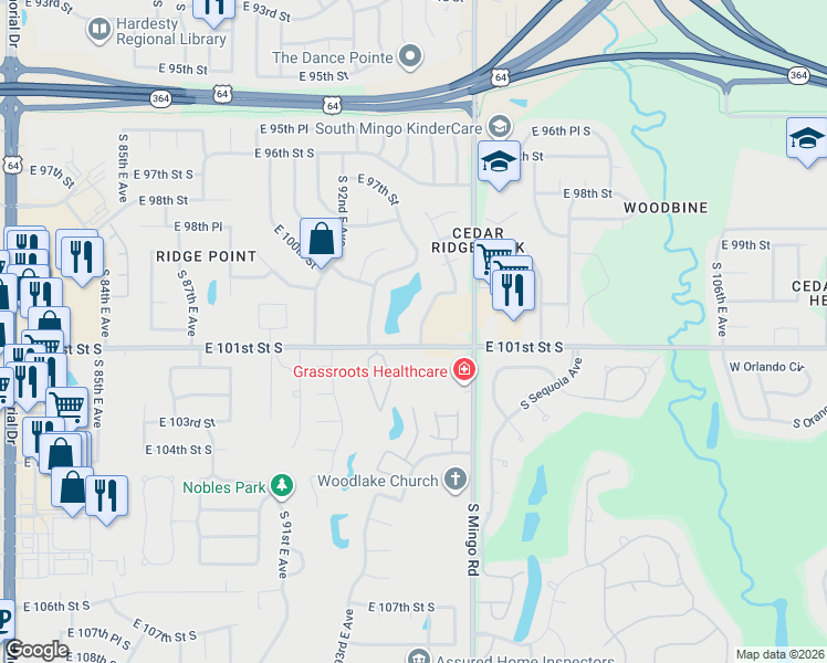 map of restaurants, bars, coffee shops, grocery stores, and more near 10042 South 94th East Avenue in Tulsa