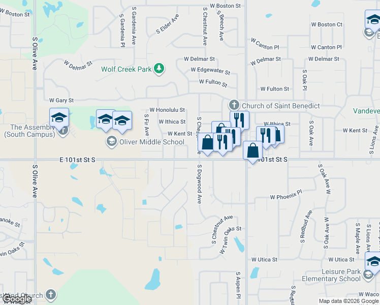 map of restaurants, bars, coffee shops, grocery stores, and more near 3415 South Dogwood Avenue in Broken Arrow
