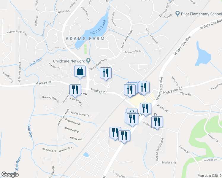 map of restaurants, bars, coffee shops, grocery stores, and more near 2006 Hearthwood Court in Greensboro