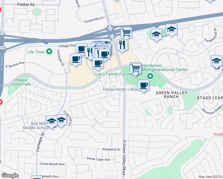 map of restaurants, bars, coffee shops, grocery stores, and more near 251 South Green Valley Parkway in Henderson