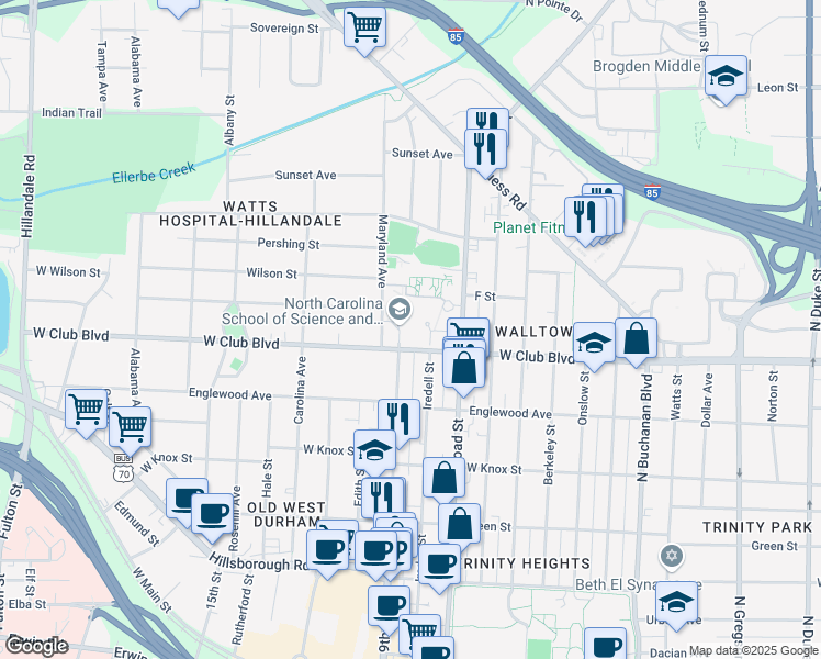 map of restaurants, bars, coffee shops, grocery stores, and more near 1219 Broad Street in Durham