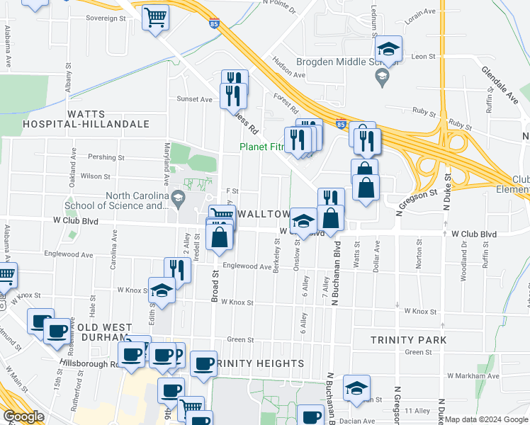 map of restaurants, bars, coffee shops, grocery stores, and more near 1210 Sedgefield Street in Durham