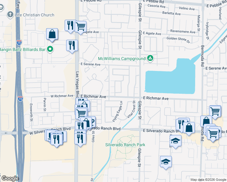 map of restaurants, bars, coffee shops, grocery stores, and more near 114 Arbor Creek Court in Las Vegas
