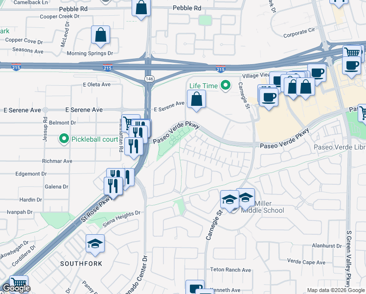 map of restaurants, bars, coffee shops, grocery stores, and more near 249 Fair Play Street in Henderson