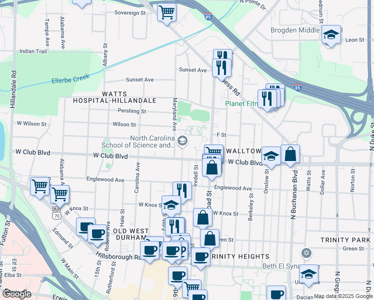 map of restaurants, bars, coffee shops, grocery stores, and more near 1219 Broad Street in Durham
