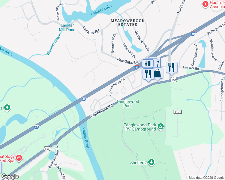 map of restaurants, bars, coffee shops, grocery stores, and more near 5000 Thoroughbred Lane in Clemmons