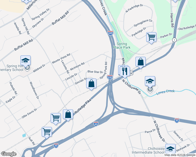 map of restaurants, bars, coffee shops, grocery stores, and more near 5253 Sinclair Drive in Knoxville