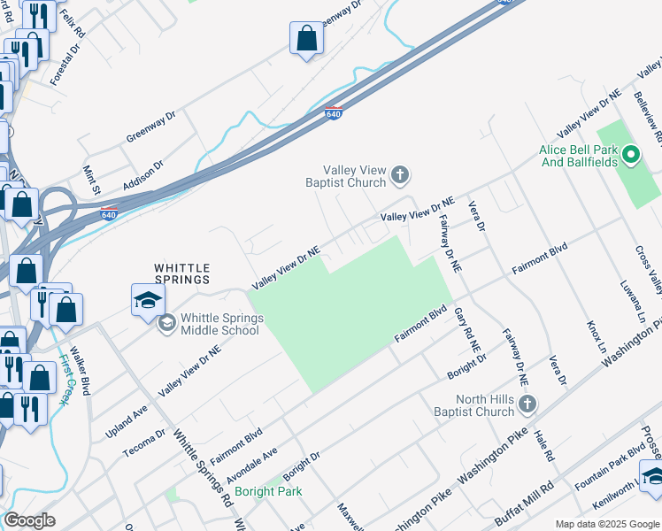 map of restaurants, bars, coffee shops, grocery stores, and more near 3330 Valley View Drive Northeast in Knoxville