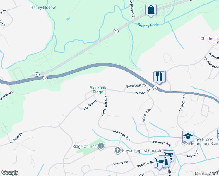 map of restaurants, bars, coffee shops, grocery stores, and more near 710 West Outer Drive in Oak Ridge
