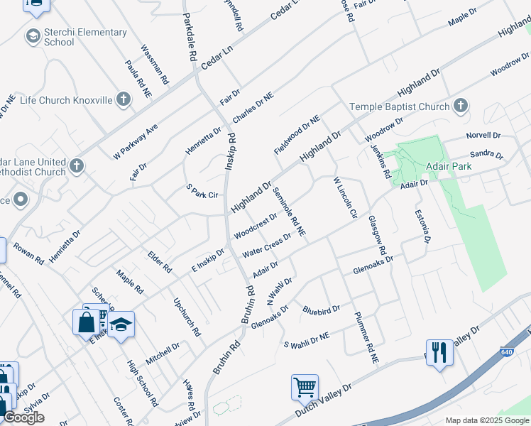 map of restaurants, bars, coffee shops, grocery stores, and more near 1205 Woodcrest Dr in Knoxville