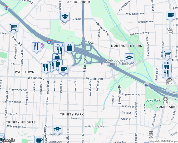 map of restaurants, bars, coffee shops, grocery stores, and more near 800 West Club Boulevard in Durham