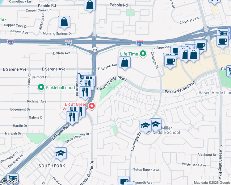 map of restaurants, bars, coffee shops, grocery stores, and more near 259 Integrity Ridge Drive in Henderson