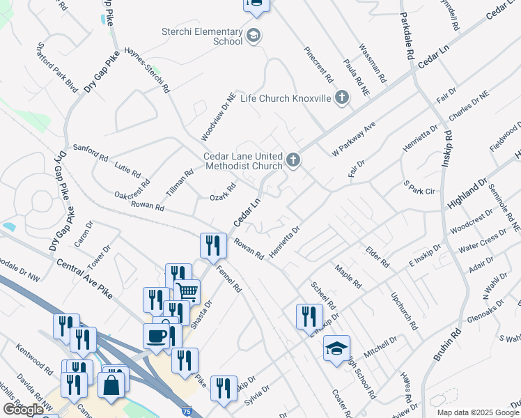 map of restaurants, bars, coffee shops, grocery stores, and more near 608 Cedar Lane in Knoxville