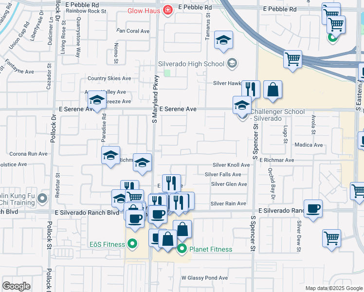 map of restaurants, bars, coffee shops, grocery stores, and more near 1372 Peninsula Point Avenue in Las Vegas
