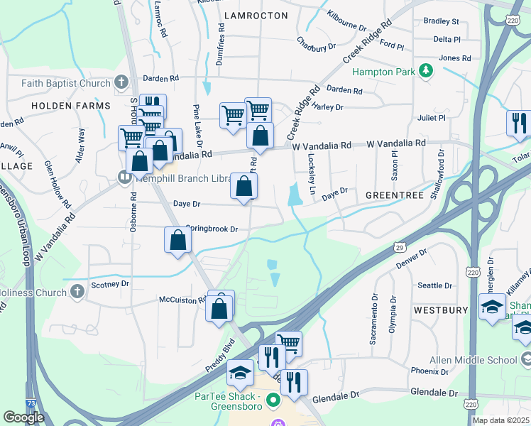map of restaurants, bars, coffee shops, grocery stores, and more near 3805 Daye Drive in Greensboro