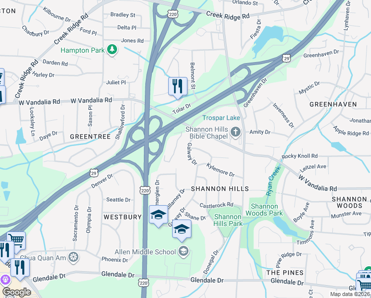 map of restaurants, bars, coffee shops, grocery stores, and more near 3912 Galway Drive in Greensboro
