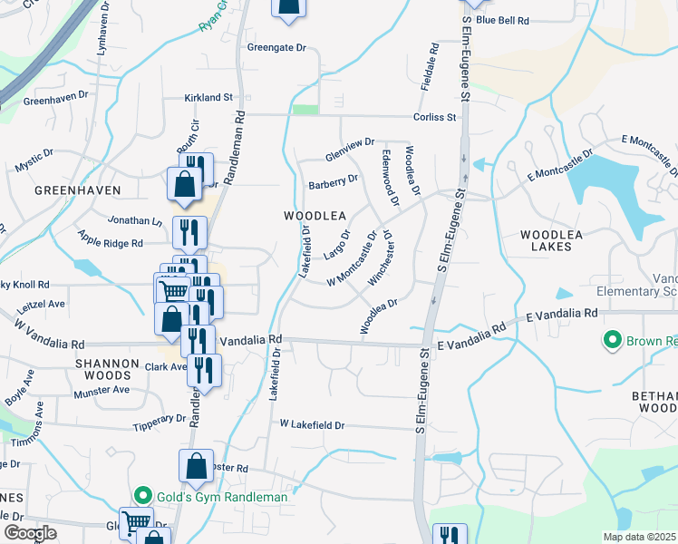 map of restaurants, bars, coffee shops, grocery stores, and more near 400 West Montcastle Drive in Greensboro