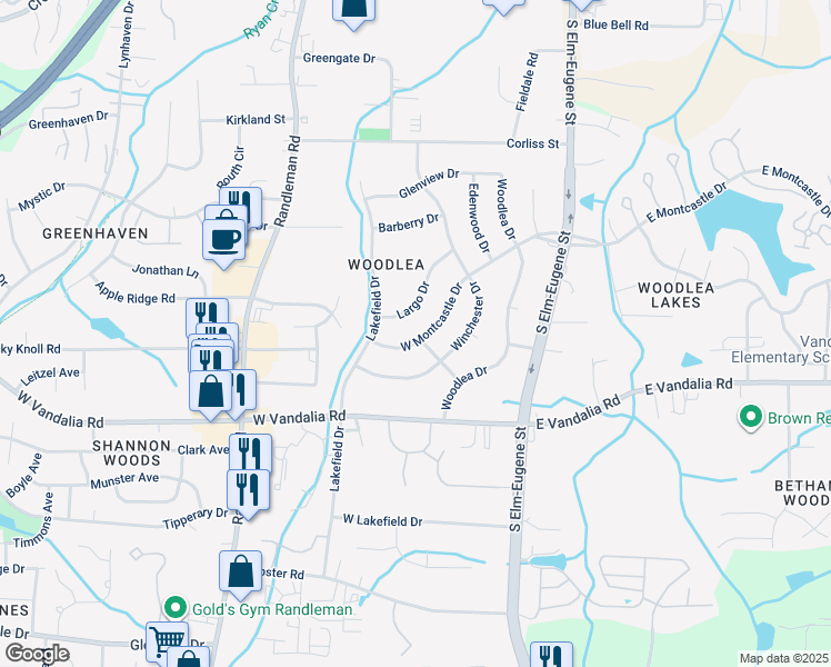 map of restaurants, bars, coffee shops, grocery stores, and more near 400 West Montcastle Drive in Greensboro
