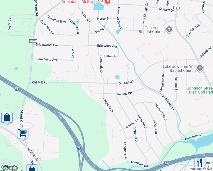 map of restaurants, bars, coffee shops, grocery stores, and more near 154 Old Mill Road in High Point