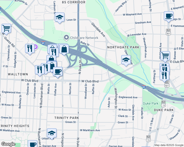map of restaurants, bars, coffee shops, grocery stores, and more near 1701 Ruffin Street in Durham