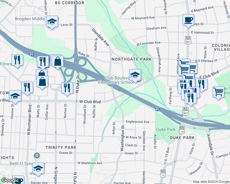 map of restaurants, bars, coffee shops, grocery stores, and more near 1810 Washington Street in Durham