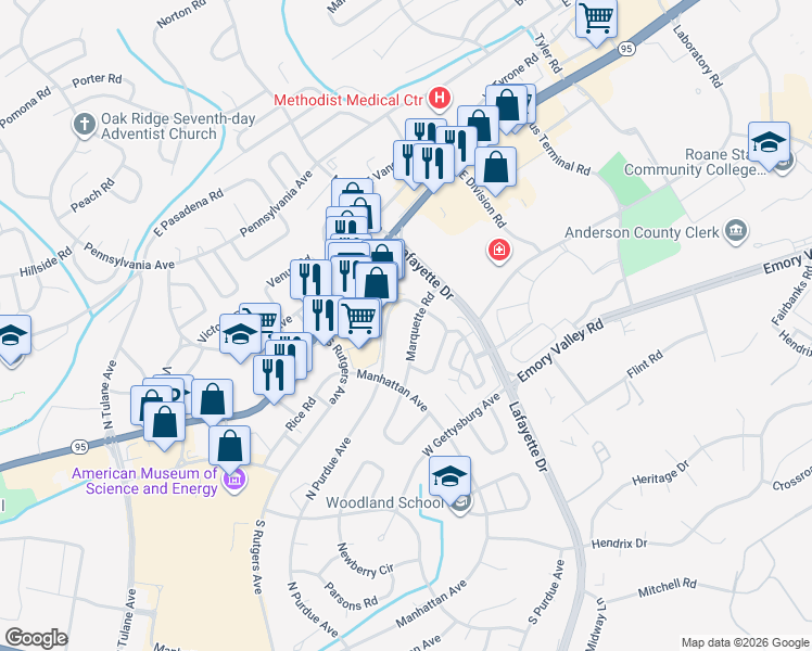 map of restaurants, bars, coffee shops, grocery stores, and more near 125 Marquette Road in Oak Ridge