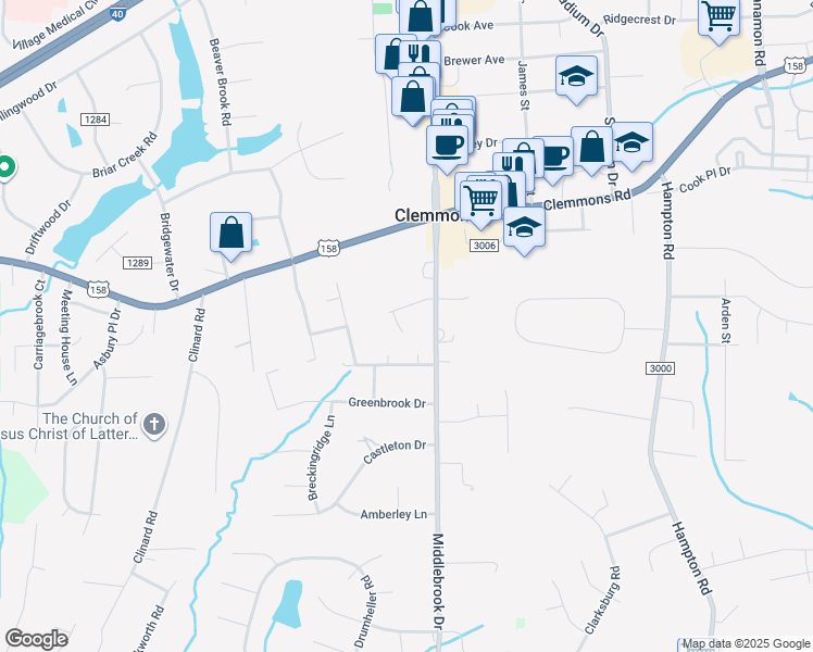 map of restaurants, bars, coffee shops, grocery stores, and more near 2875 Sawan Court in Clemmons