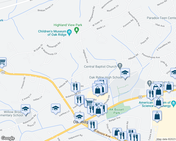 map of restaurants, bars, coffee shops, grocery stores, and more near 185 Hillside Road in Oak Ridge