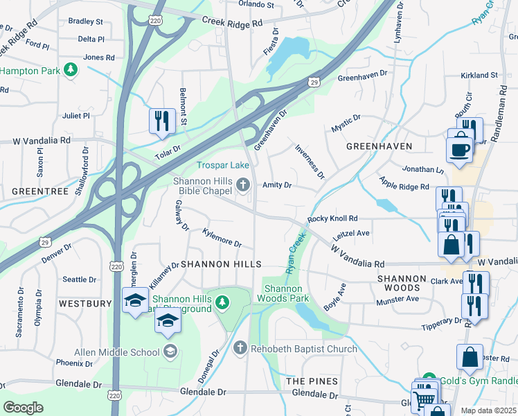 map of restaurants, bars, coffee shops, grocery stores, and more near 3805 Rehobeth Church Road in Greensboro