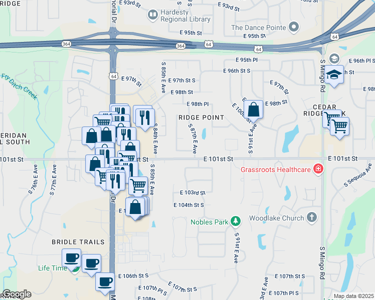 map of restaurants, bars, coffee shops, grocery stores, and more near 8621 East 100th Place South in Tulsa