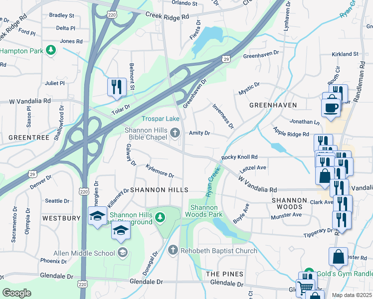 map of restaurants, bars, coffee shops, grocery stores, and more near 3805 Rehobeth Church Road in Greensboro