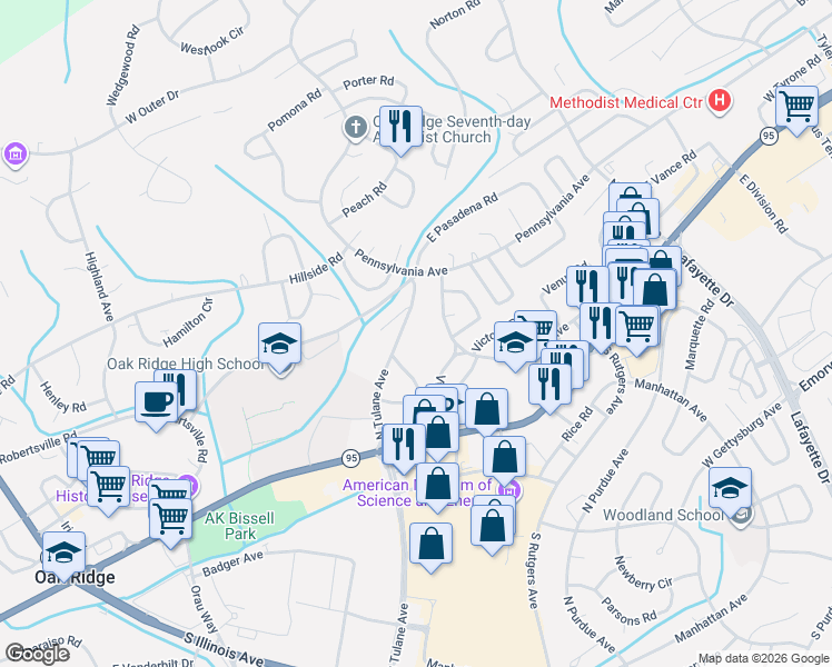 map of restaurants, bars, coffee shops, grocery stores, and more near 234 North Tulane Avenue in Oak Ridge