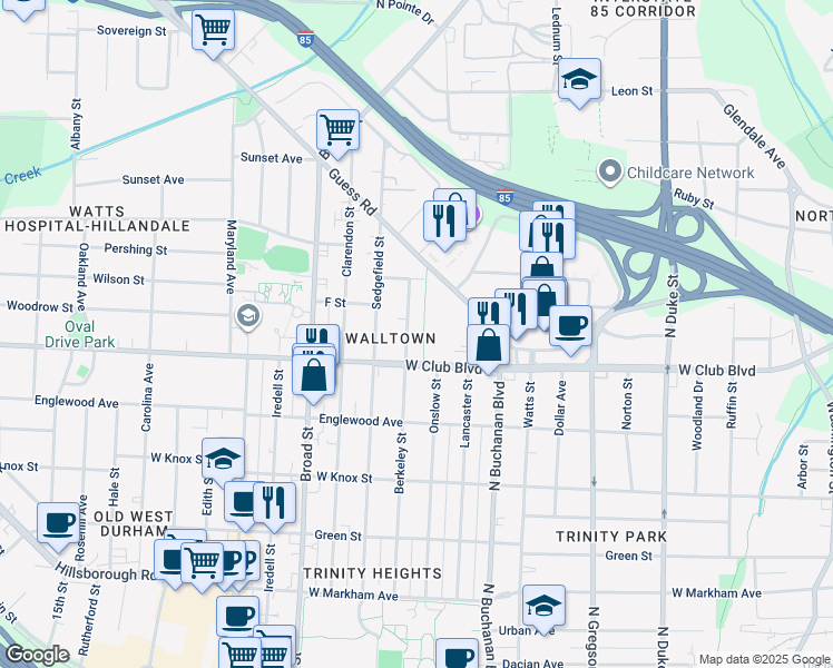map of restaurants, bars, coffee shops, grocery stores, and more near 1214 Berkeley Street in Durham