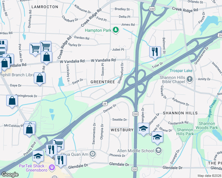 map of restaurants, bars, coffee shops, grocery stores, and more near 3116 Shallowford Drive in Greensboro