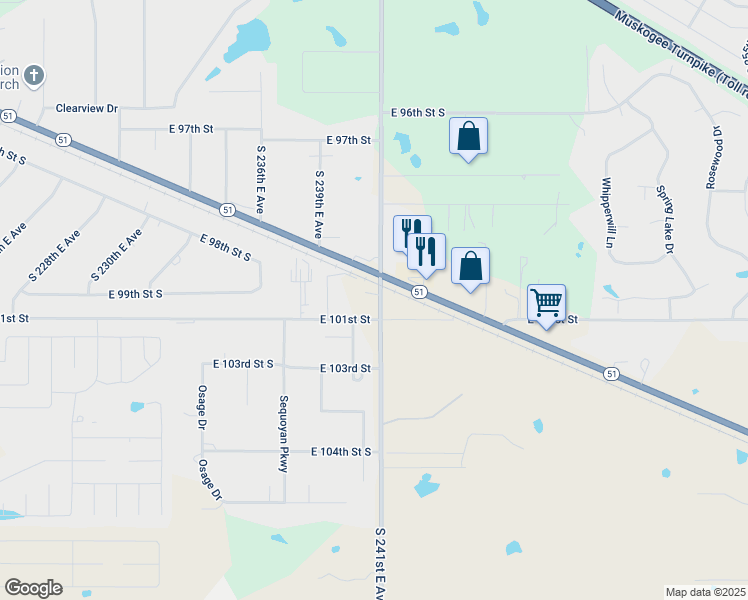 map of restaurants, bars, coffee shops, grocery stores, and more near 9930 South 241st East Avenue in Broken Arrow