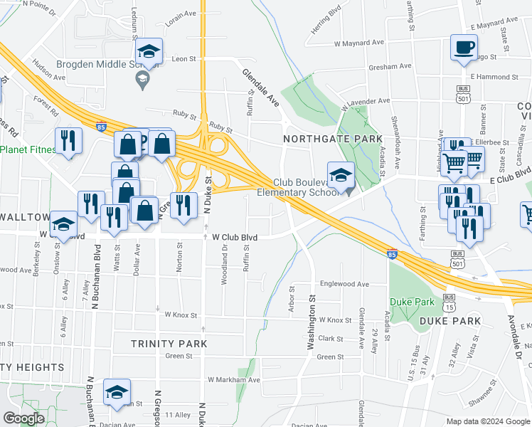 map of restaurants, bars, coffee shops, grocery stores, and more near 1601 Dexter Street in Durham