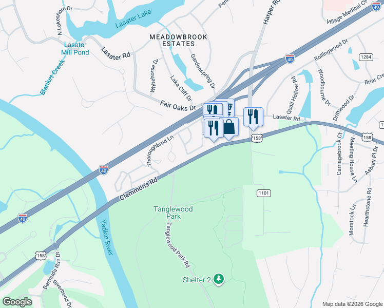map of restaurants, bars, coffee shops, grocery stores, and more near 3924 Westridge Meadow Circle in Clemmons
