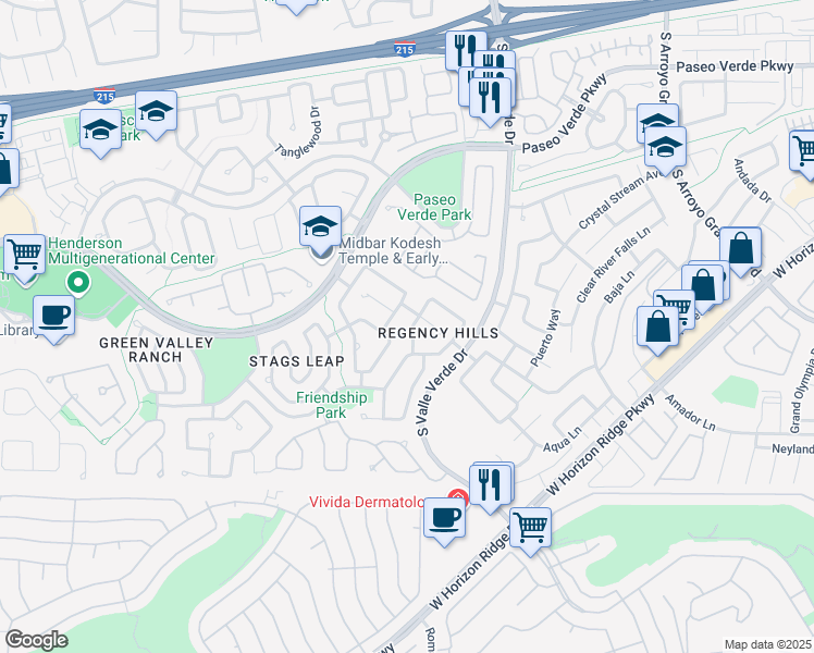 map of restaurants, bars, coffee shops, grocery stores, and more near 267 Mesquite Ridge Lane in Henderson