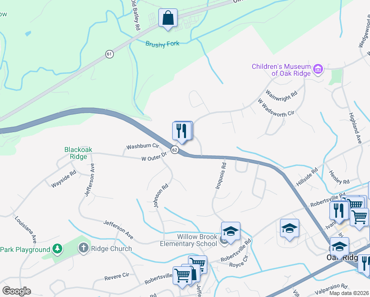map of restaurants, bars, coffee shops, grocery stores, and more near 346 North Illinois Avenue in Oak Ridge