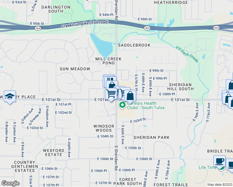 map of restaurants, bars, coffee shops, grocery stores, and more near 10071 South Sheridan Road in Tulsa