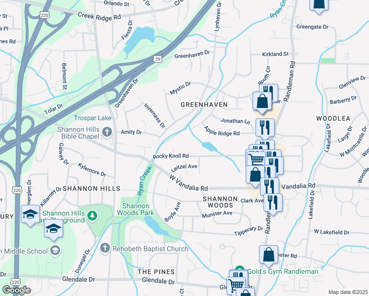 map of restaurants, bars, coffee shops, grocery stores, and more near 514 Rocky Knoll Road in Greensboro