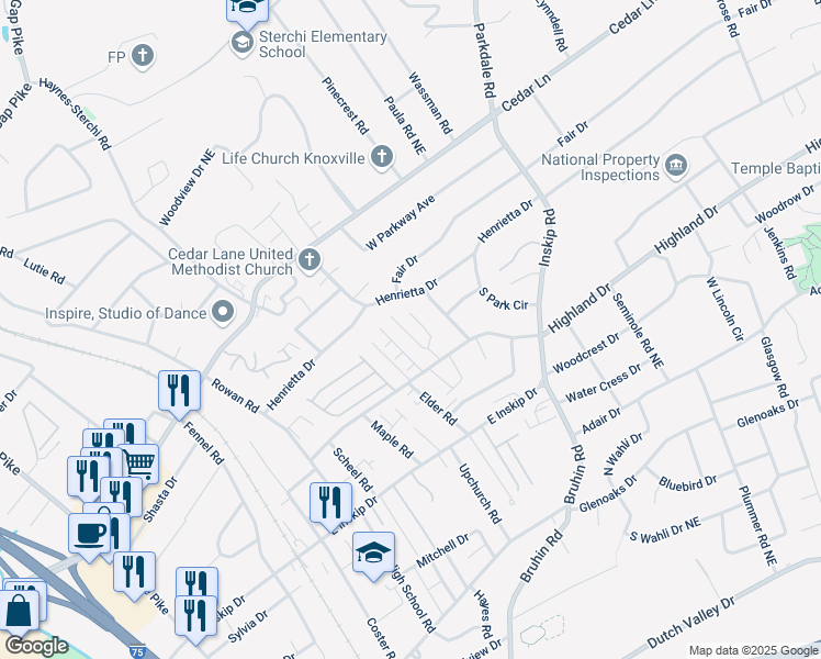 map of restaurants, bars, coffee shops, grocery stores, and more near 5022 White Petal Way, in Knoxville