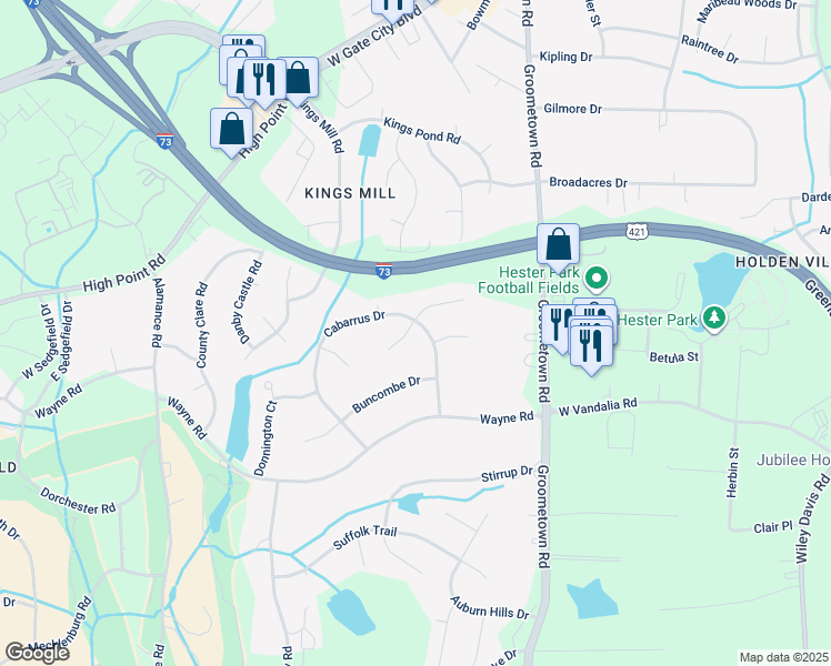 map of restaurants, bars, coffee shops, grocery stores, and more near 3003 Cabarrus Drive in Greensboro
