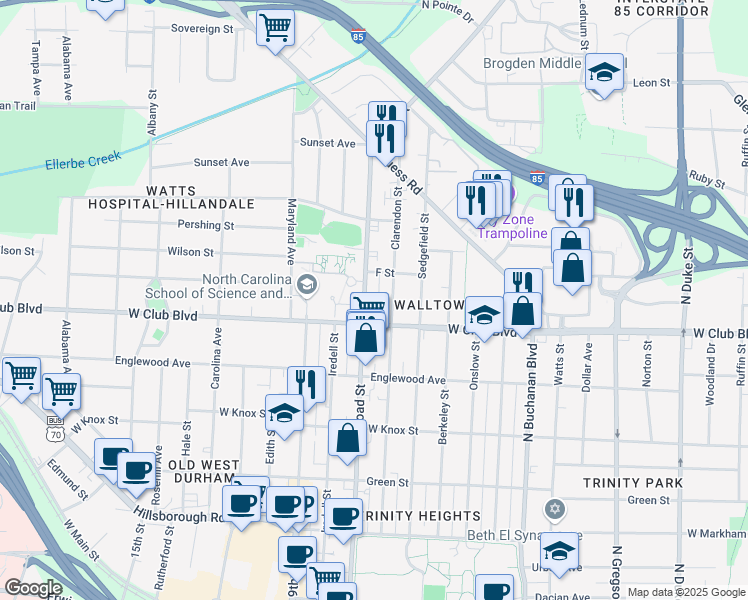 map of restaurants, bars, coffee shops, grocery stores, and more near 1211 Clarendon Street in Durham