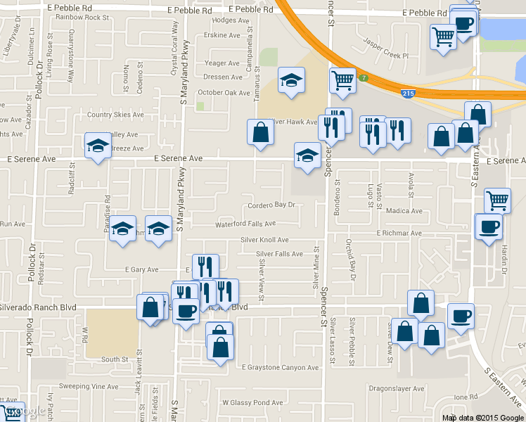 map of restaurants, bars, coffee shops, grocery stores, and more near 1571 Cordero Bay Avenue in Las Vegas