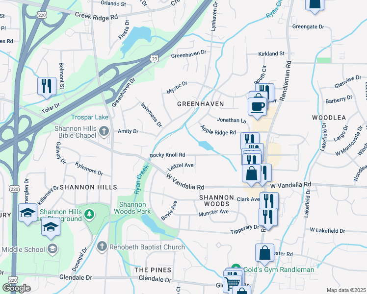 map of restaurants, bars, coffee shops, grocery stores, and more near 510 Rocky Knoll Road in Greensboro
