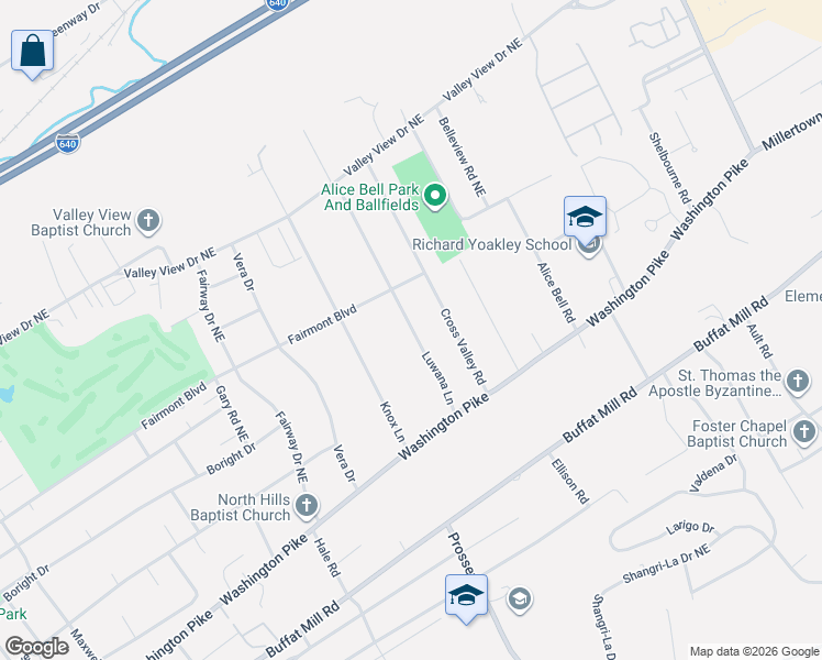 map of restaurants, bars, coffee shops, grocery stores, and more near 3213 Luwana Lane in Knoxville