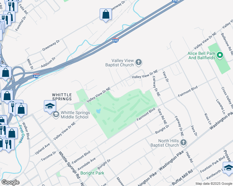 map of restaurants, bars, coffee shops, grocery stores, and more near 3330 Valley View Drive Northeast in Knoxville